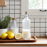 **Prompt 1:** A bright, Scandinavian-style kitchen bathed in soft, natural light. On a clean wooden countertop, aesthetically arranged, are open containers of baking soda, a bottle of clear vinegar, and a few fresh lemons. The scene evokes a feeling of natural freshness, simplicity, and an eco-conscious home environment, with subtle hints of plants or soft textiles in the background.