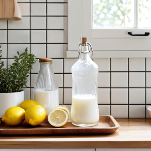 **Prompt 1:** A bright, Scandinavian-style kitchen bathed in soft, natural light. On a clean wooden countertop, aesthetically arranged, are open containers of baking soda, a bottle of clear vinegar, and a few fresh lemons. The scene evokes a feeling of natural freshness, simplicity, and an eco-conscious home environment, with subtle hints of plants or soft textiles in the background.