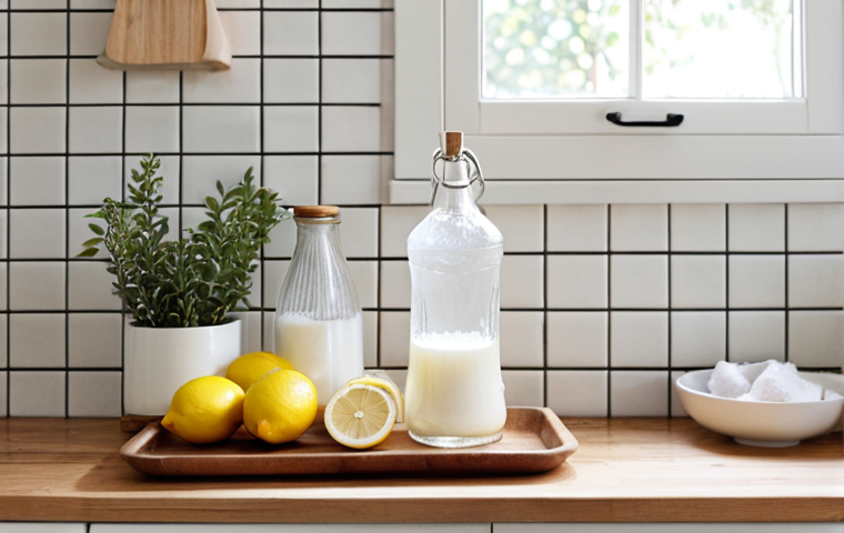 **Prompt 1:** A bright, Scandinavian-style kitchen bathed in soft, natural light. On a clean wooden countertop, aesthetically arranged, are open containers of baking soda, a bottle of clear vinegar, and a few fresh lemons. The scene evokes a feeling of natural freshness, simplicity, and an eco-conscious home environment, with subtle hints of plants or soft textiles in the background.